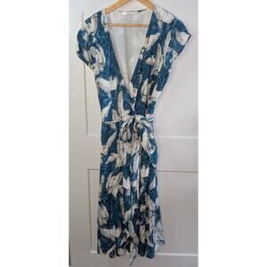 Womens Eshakti Bird Novelty Block Print Wrap Midi Dress Sz XL Blue White